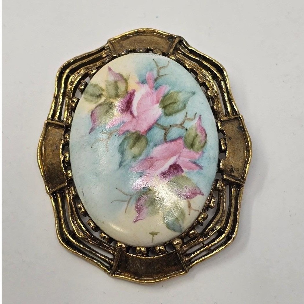 Vtg floral roses ceramic brooch pin pendent women OS blue pink gold cottagecore